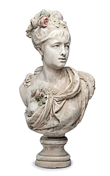 Bust of Woman by Albert E.C. Belluse, Plaster : Bust of Woman by Albert E.C. Belluse, Plaster Albert Ernest Carrier Belluse (French, 1824-1887), cast plaster with horsehair and pigment, signed on back of bust; ht. 29.5 in.