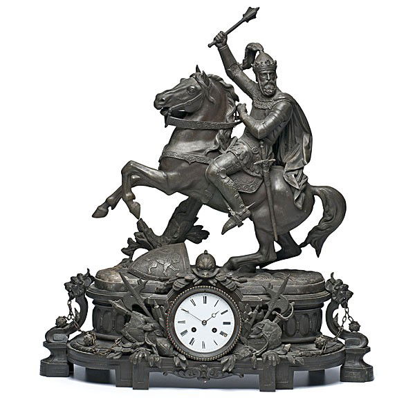 French Figural Mantel Clock : French Figural Mantel Clock French, ca 1900, a figural mantel clock signed, S. Marti and Cie, a patinated spelter model of King Henry II on rearing horse, with 8-day time and strike on bell, and out