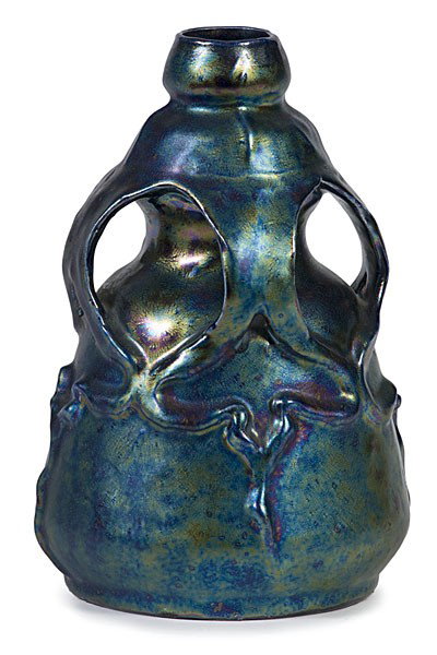 Zsolnay-style Iridescent Vase : Hungarian, a Zsolnay-style vase, Art Nouveau organic form with three open handles, unmarked ht. 8 in.