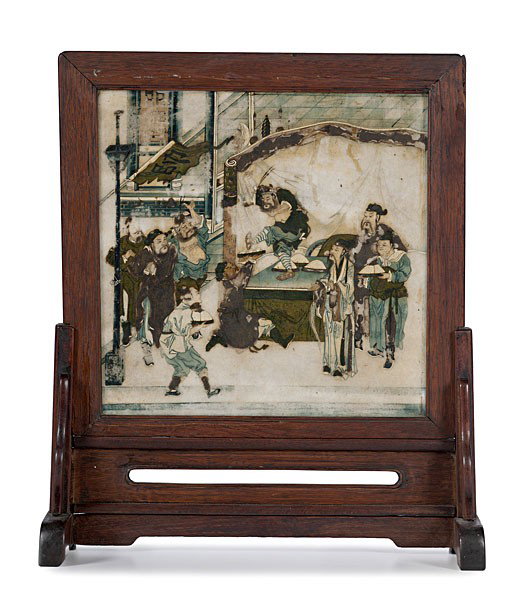 Chinese Hardstone Mounted Screen : Chinese Hardstone Mounted Screen 20th century, a hardstone screen or panel with 8th century poem by Li Bai (A.D.701-76) on one side, loosely translated, "Your gown reminds me of cloud/Your face remi