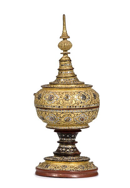 Burmese Lacquer Covered Offering Vessel : Burmese Lacquer Covered Offering Vessel Thailand, 19th century, a large Burmese lacquered wood offering vessel having the shape of a Buddhist stupa, covered in a heavy gold gilt and inset mirrored g