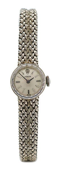 Ladies 14K Gold Rolex Watch : Ladies 14K Gold Rolex Watch ca 1940's Ladies 14K Rolex watch and band, watch case is also 14K white gold, case dia. 0.5 in.