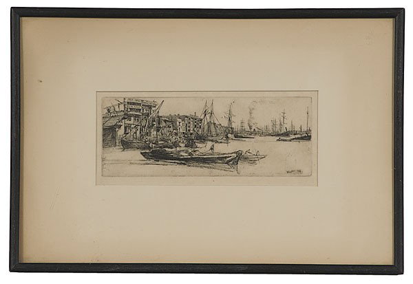 Thames Harbor by James Whistler, Etching : Thames Harbor by James Whistler, Etching James Abbot McNeill Whistler (American, 1834-1903), titled Thames Warehouses on verso, signed and dated 1859 in plate l.r.; 3 x 7.75 in. (sight), 10 x 15 in.