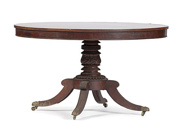 Late Classical Tilt-Top Center Table : Late Classical Tilt-Top Center Table American, probably Pennsylvania, 19th century. Late Classical mahogany tilt-top center table, the circular top with highly figured pie-wedge veneers, supported b