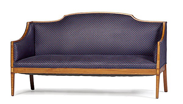 Biedermeier Sofa : Biedermeier Sofa Continental, ca 1820s, a satinwood crossbanded sofa with a shaped back and arms, upholstered sides, over tapering inlaid legs; lg. 65.5, wd. 23.5, ht. 35.5 in.