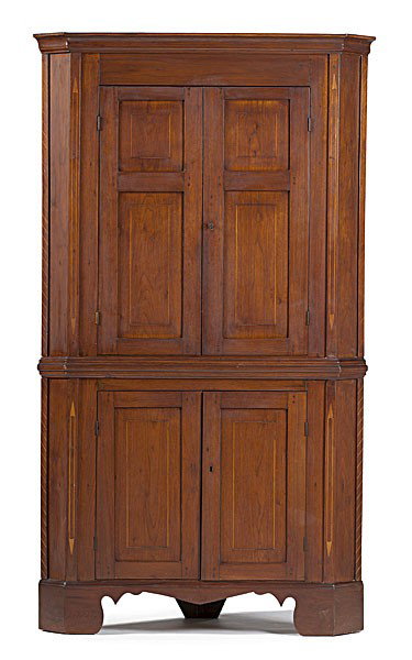 Kentucky Inlaid Corner Cupboard : Kentucky Inlaid Corner Cupboard American, purportedly Kentucky, early 19th century. An inlaid corner cupboard in walnut with pine and poplar secondary, the upper section with molded cornice over two