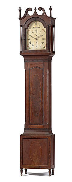 Maryland Masonic Tall Case Clock : Maryland Masonic Tall Case Clock 1800-1810, probably Maryland, with broken arched pediment, fully turned columns and a turned finial. The case has a key lock door and a cove waist molding. Original 