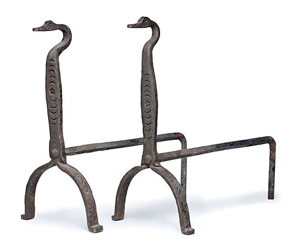 Goose Andirons : Goose Andirons Slave-made, Newport Co., VA. Pair of wrought iron andirons with a gooseneck top; ht. 19 in.