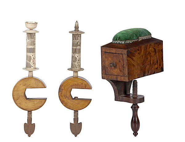 English Sewing Clamp with Ivory : English Sewing Clamp with Ivory English, 19th century, a burly maple sewing box with clamp and pin cushion, ht. 9, lg 5.5, wd. 2.5 in; And a pair of boxwood sewing clamps with pierced and carved ivo