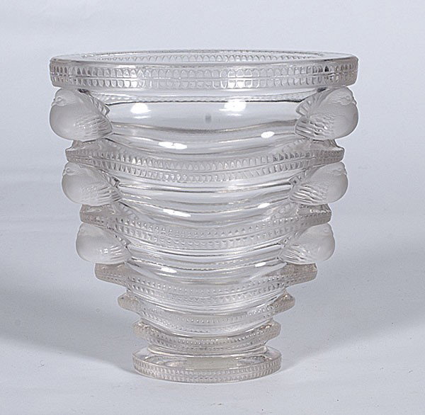 Lalique Saint Marc Vase : Lalique Saint Marc Vase Continental, 20th century. Lalique Saint Marc vase in frost and clear glass, depicting small birds perched upon decorative wavy tiers, engraved below the base Lalique France;