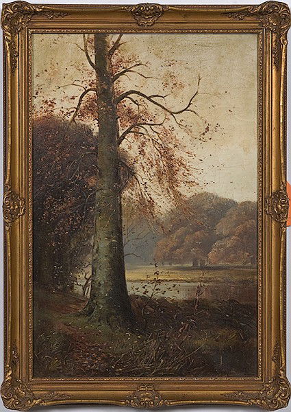 Landscape by J. Laurence Hart, Oil on Canvas : Landscape by J. Laurence Hart, Oil on Canvas J. Laurence Hart (British, 1830-1907), titled The Quiet Pool on verso, also signed and dated 1885 on verso; 23.25 x 15.5 in.