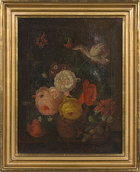 Still Life After Jan Van Huysum, Oil on Canvas : Still Life After Jan Van Huysum, Oil on Canvas Jan Van Huysum (Dutch, 1682-1749), unsigned with inscription Copie after: van Huysum [sic] on verso; 25 x 20.25 in.