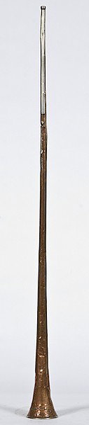 English Hunting Horn : English Hunting Horn English, a brass and copper tapered form hunting horn marked Gold Medal / R.J. Ward & Sons / Liverpool; ht. 46.25 in.