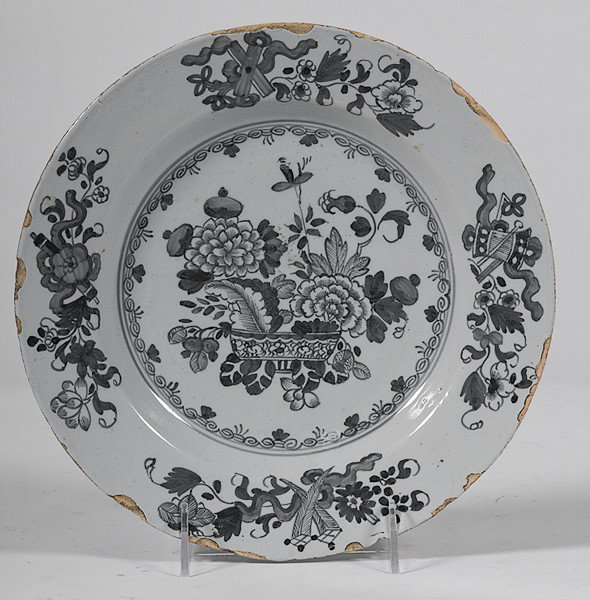 Delft Plate : Delft Plate Netherlands, 18th century, a Delft earthenware plate, tin-glazed en grisaille. No marks; dia. 9.375 in.