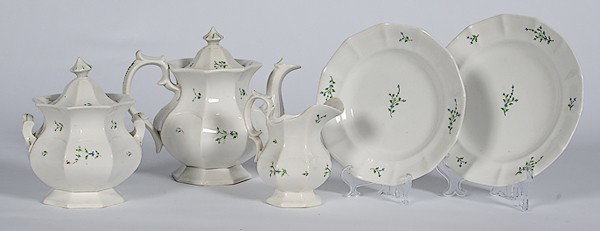 Sprigware Tablewares : Sprigware Tablewares Lot of 11. Includes four dinner plates marked T.Edwards, dia. 9 in.; four salad plates marked T.Edwards, dia. 8 in.; teapot, ht. 8.5 in.; sugar bowl, ht. 7 in.; and creamer, ht.