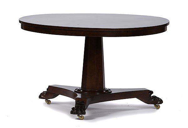 Late Classical Tilt-top Center Table : Late Classical Tilt-top Center Table American, mid-19th century, a late Classical mahogany tilt-top center table, the circular tilt-top on a columnar pedestal joined to a tripodal base over paw feet