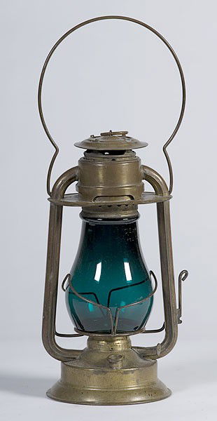 Railroad Lantern with Green Glass Globe : Railroad Lantern with Green Glass Globe American, 20th century, a brass metal railroad lantern with green globe marked GEM / C.T.H. MFG. Co., tin marked Ham's Gem Cold Blast / Rochester N.Y., ht. 12