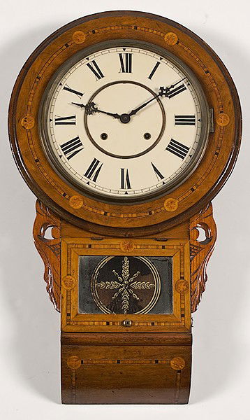Anglo-American Wall Clock : Anglo-American Wall Clock Anglo-American wall clock, with carved and inlaid case, movement by E. Ingraham Co. of Bristol CT and case made in England, movements were imported into England then cased