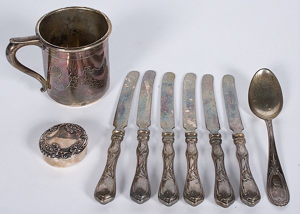 Sterling Pill Box and Child's Mug, Plus : Sterling Pill Box and Child's Mug, Plus American, a sterling child's mug with Humpty Dumpty scenes, marked Sterling with hallmarks for Meriden Brittania of Connecticut, ht. 3.25 in.; and a pill box 