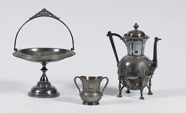 Aesthetic Movement Silverplate Tablewares : Aesthetic Movement Silverplate Tablewares American, ca 1870-1880, a handeled compote, a coffee pot and a double-handled cup, all marked; coffee pot ht. 12 in.
