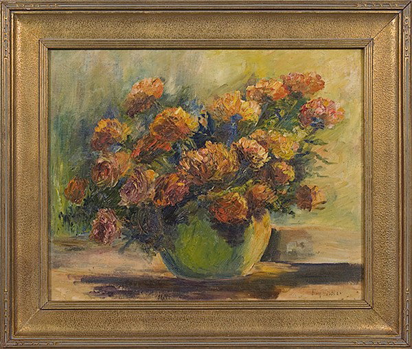 Impressionist Still Life by Fry Fisher, Oil/Board: Impressionist Still Life by Fry Fisher, Oil on Board Fry Fisher (probably American, 20th century), signed l.r.; 15.5 x 19.5 in.