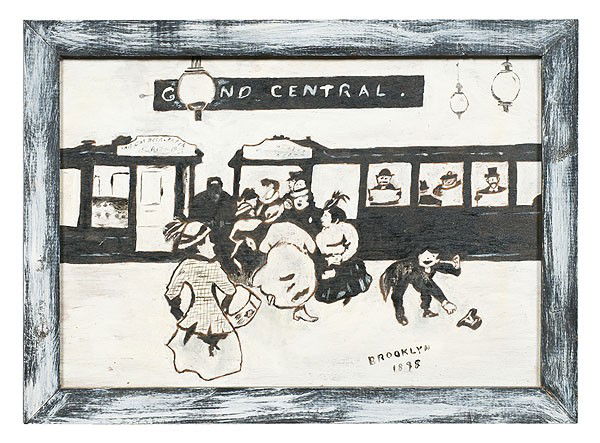 Grand Central Folk Art Painting : Grand Central Folk Art Painting American, 20th century, oil on board. A black and white folk art painting of Grand Central (Station); reads lower right, Brooklyn 1898. Also, possibly signed lower le
