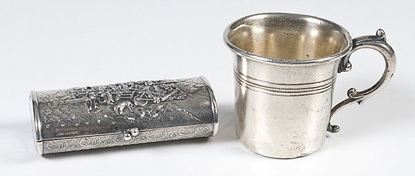 Silver Plated Baby Cup, Plus : Silver Plated Baby Cup, Plus A silver-plated baby cup with handle, plus a silver cigarette case, marked "JH" for J. Hoffman of Coppenhagen (1917-1973, and assy mark and "Denmark". Cup. ht. 2.25 in.,