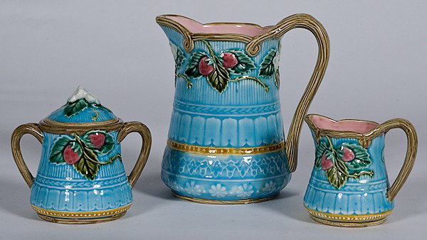 Fitz and Floyd Majolica Tableware : Fitz and Floyd Majolica Tableware American, 20th century, a three piece set of Fitz and Floyd Majolica, consisting of a water pitcher, cream and covered sugar; marked Fitz and Floyd; Pitcher ht. 7 i