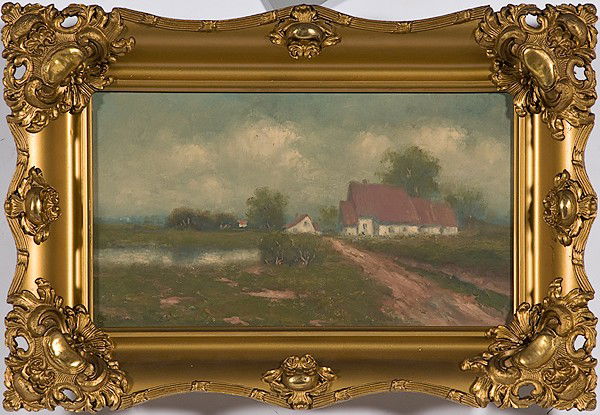 Landscape with Cottage by Frank S. Chase, O/C: Landscape with Cottage by Frank S. Chase, Oil on Canvas Frank Swift Chase (American, 1886-1958), signed l.l. and housed in gilt and gesso frame; 7.5 x 13.5 in.