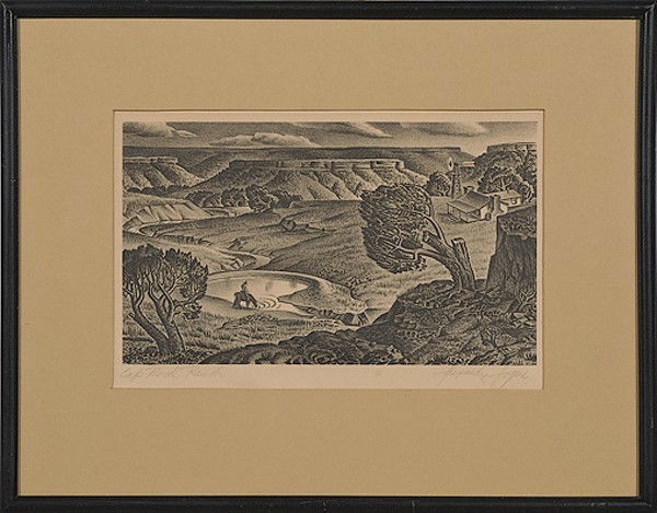Landscape by Alexandre Hogue, Lithograph : Landscape by Alexandre Hogue, Lithograph Alexandre Hogue (American, 1898-1994), titled Cap Rock Ranch l.l, signed l.r., 7 x 11.75 in. Associated American Artists, New York, NY