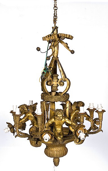 French Gilded Bronze Chandelier : French Gilded Bronze Chandelier French bronze dore fifteen light chandelier, with three cherubs holding outstretched torches; ht. 42, dia. 28 in.