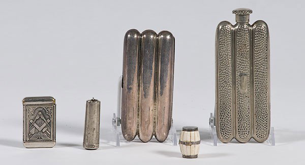 Sterling Cigar Holder and Masonic Matchsafe, Plus : Sterling Cigar Holder and Masonic Matchsafe, Plus Ca 1920, a sterling three compartment cigar holder, marked sterling; lg. 5 in; Plus, a hammered metal flask in the shape of a cigar holder, unmarked