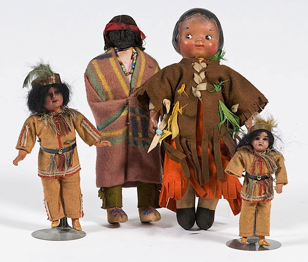 Lot of Four Indian Dolls : Lot of Four Indian Dolls American, early 20th century, four assorted Native American Indian dolls; largest lg. 12 in. The Estate of Margaret Gruen Longacre, of the Gruen Watch Co., Cincinnati, Ohi