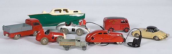 Vintage Toy Cars : Vintage Toy Cars English and German, 20th century. Group of eight vintage toy cars including Schuco No.1043 Micro Racer Mercedes in silver with racing number 5, Schuco No.1042 Micro Racer in red wit