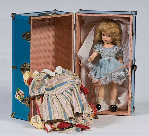 Madame Alexander Doll in Trunk : Madame Alexander Doll in Trunk Madame Alexander doll in Wendy Ann dress with trunk and wardrobe; doll ht. 13.5 in.