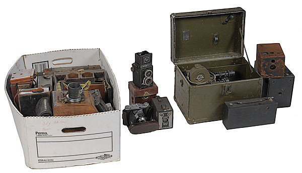 Large Collection of Early Cameras, : Large Collection of Early Cameras, lot of 23 with two tripods. These include (1) an early wet/dry? plate camera, parts only marked The Anthony & Scovill Co., N.Y. & Chicago with 1" lens marked Wolle