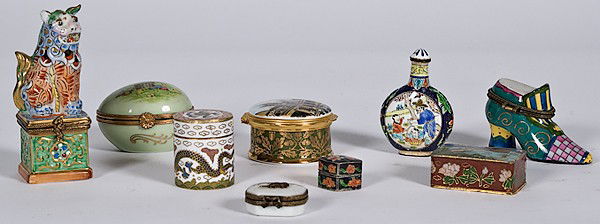Cloisonne and Porcelain Decorative Boxes : Cloisonne and Porcelain Decorative Boxes Continental, 20th century, a group of nine decorative boxes, including three cloisonné boxes, largest 1.5 in; a group of six Limoges porcelain boxes, larges