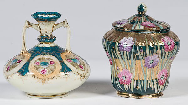 Early Nippon Jar and Vase : Early Nippon Jar and Vase Oriental, a double handled hand-painted vase; ht. 6 in. And a covered bicsuit jar with hand-painted long stem flowers, both unmarked; ht 7 in.