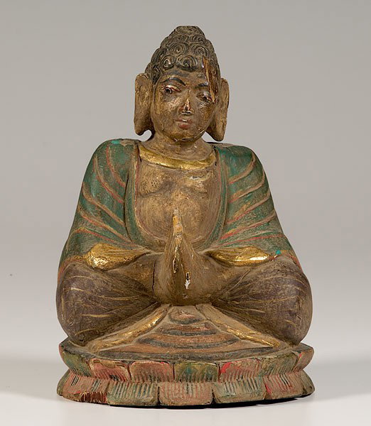 Southeast Asian Buddha Statue : Southeast Asian Buddha Statue wooden painted sitting Buddha statue with hands in prayer. approximately 13 in. in height and 8.5 in. in diameter.