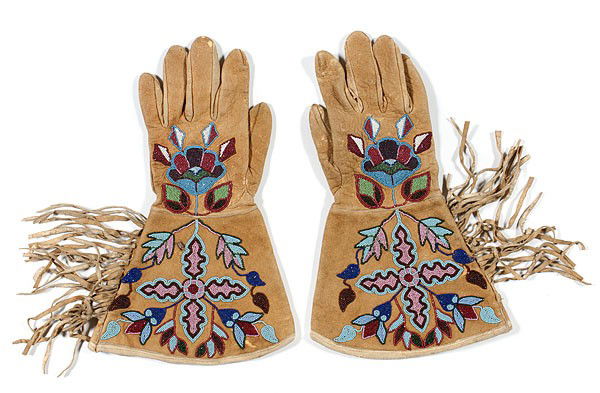 Shoshone Beaded Hide Gauntlets : Shoshone Beaded Hide Gauntlets Thread-sewn with some curvilinear beadwork within the floral designs; small glass bead colors include pink, rose, faceted red white-heart, light and medium blue, and r