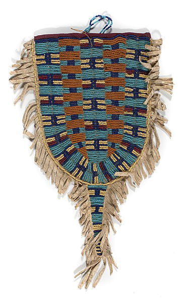 Ute Beaded Hide Tab Pouch : Ute Beaded Hide Tab Pouch Thread and sinew-sewn using bead colors of light and dark blue, pumpkin, greasy yellow, and rose; front designed with checkerboard motif; verso with star-bust; beaded tab h