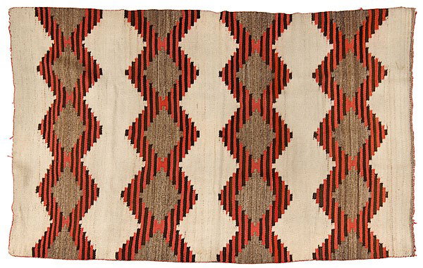 Navajo Late Transitional Weaving : Navajo Late Transitional Weaving Hand-spun wool woven with red, black, and brown bands of striped diamonds against a cream ground, 72 in. x 49 in. ca 1900