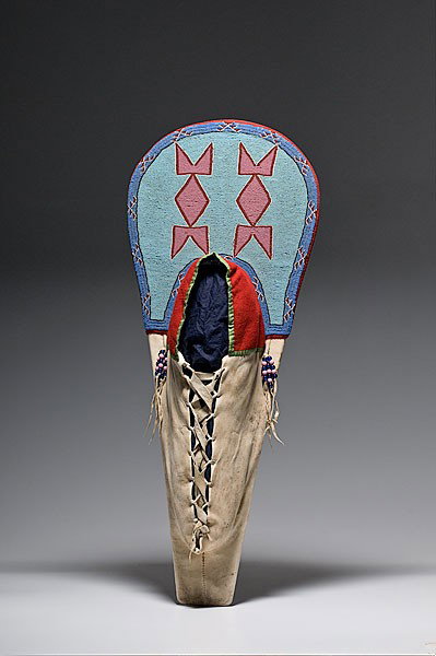 Plateau Beaded Hide Full Size Cradle : Plateau Beaded Hide Full Size Cradle Thread-sewn using glass beads of faceted pink, light and medium blue, and rose; hood composed of red wool and green felt ribbon, height 38.25 in. x width 15.25 i