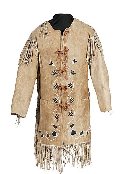 Crow Beaded Hide Jacket : Crow Beaded Hide Jacket Thread and sinew-sewn; European cut with delicate floral beadwork along front and back of jacket; red and yellow ties act as jacket closure; fringe outlines seams, length 34