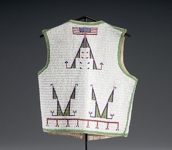 Sioux Beaded Hide Vest with American Flags : Sioux Beaded Hide Vest with American Flags Thread and sinew-sewn using bead colors of pea green, red white-heart, dark blue, white, and marcasite; back of vest decorated with two American flags, len