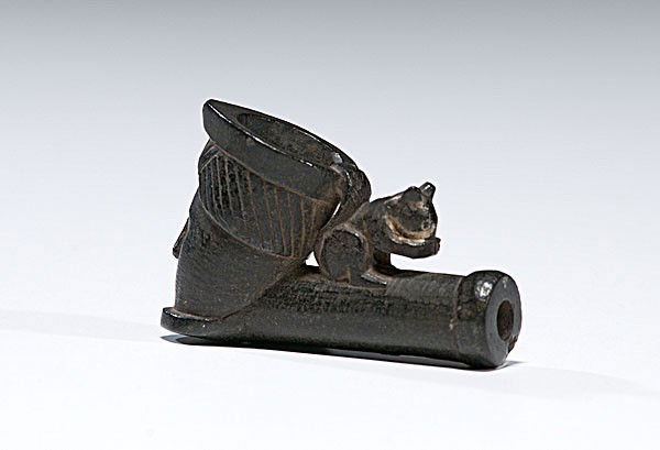 Cherokee Portrait Steatite Pipe Bowl : Cherokee Portrait Steatite Pipe Bowl Bowl is delicately carved with man's head wearing a turban similar to one illustrated by Charles Bird King's portrait of Sequoyah, Cherokee Leader (ca 1830); a s