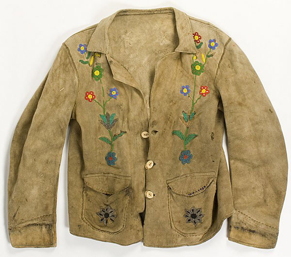 Cree Beaded Hide Jacket : Cree Beaded Hide Jacket thread and sinew-sewn with floral beadwork along chest, on pockets, and on back; bone buttons, length 22 in. x chest 35 in. first half 20th century