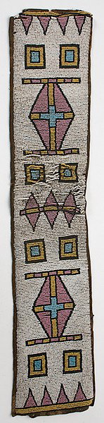 Northern Plains Beaded Hide Panel : Northern Plains Beaded Hide Panel Collected by Major General O.O. Howard possibly Crow, thread-sewn and beaded using pink, greasy yellow, white, and cobalt, length 21.5 in. x width 4.25 in. fourth q