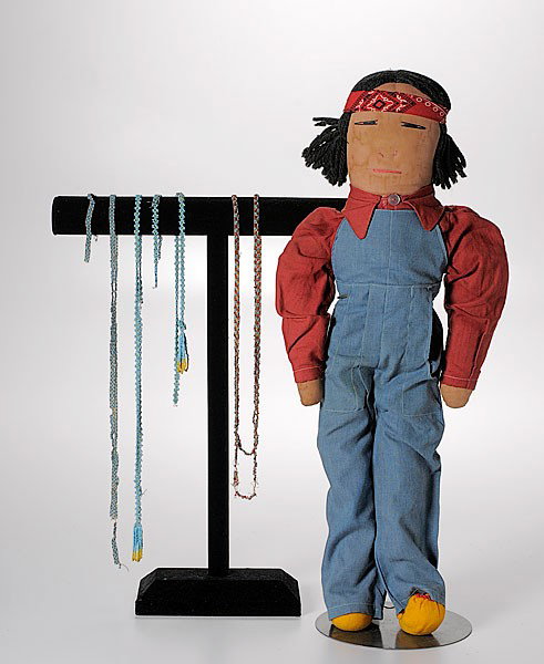 Navajo Doll & Navajo Beaded Necklaces & Bracelets: Navajo Doll and Navajo Beaded Necklaces and Bracelets lot of 7, includes a doll wearing overalls and a bandanna, height 24.5"; AND 6 beaded necklaces and bracelets, all without closing clasps, lengt