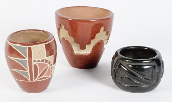 Santa Clara Red and Blackware Jars : Santa Clara Red and Blackware Jars lot of 3, includes one redware vase carved with kiva steps, height 5" x diameter 5.5"; PLUS another jar painted with blue, cream, and red, height 4.5" x diameter 3